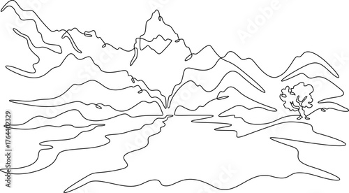 Continuous single line drawing road in the mountains. Mountain landscape. Winding high-mountain road. Linear . One continuous line isolated minimalist illustration. Not AI.