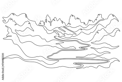 Continuous single line drawing road in the mountains. Mountain landscape. Winding high-mountain road. Linear . One continuous line isolated minimalist illustration. Not AI.