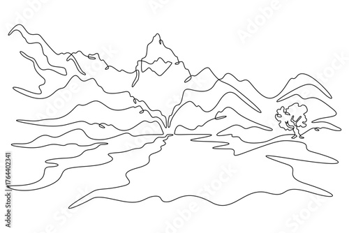 Continuous single line drawing road in the mountains. Mountain landscape. Winding high-mountain road. Linear . One continuous line isolated minimalist illustration. Not AI.