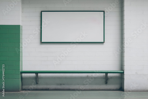 Blank Whiteboard on Brick Wall with Green Bench in Waiting Area. Mock up promotion information for marketing announcements and details, blank white space.