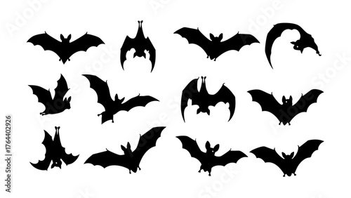Diverse Collection of Flying and Hanging Bat Silhouettes for Spooky Halloween Designs and Nocturnal Animal Graphics