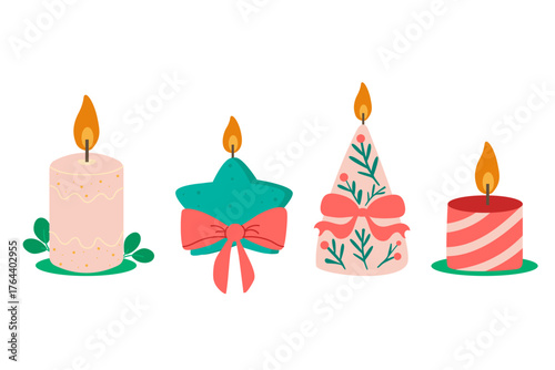 Christmas candles set with festive bow and holiday decorations