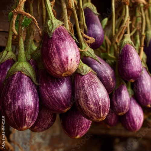 Freshly harvested purple eggplants hanging at a local market in vibrant sunlight