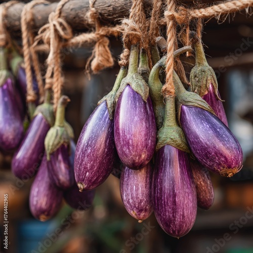 Purple eggplants hanging from rustic twine in a market setting during daylight, showcasing fresh produce ready for sale