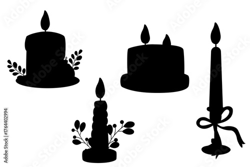 Silhouette christmas candles with ribbon and pine branch holiday style