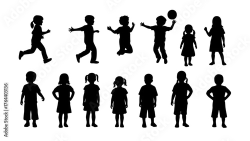 Diverse Collection of Energetic Children Silhouettes Playful Kids in Various Poses for Creative Design Projects and Educational Resources