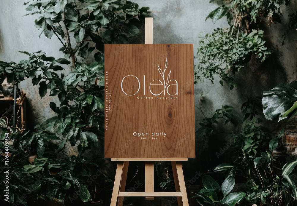 Rustic Cafe Sign Mockup Amidst Greenery PSD Stock Template | Adobe Stock
