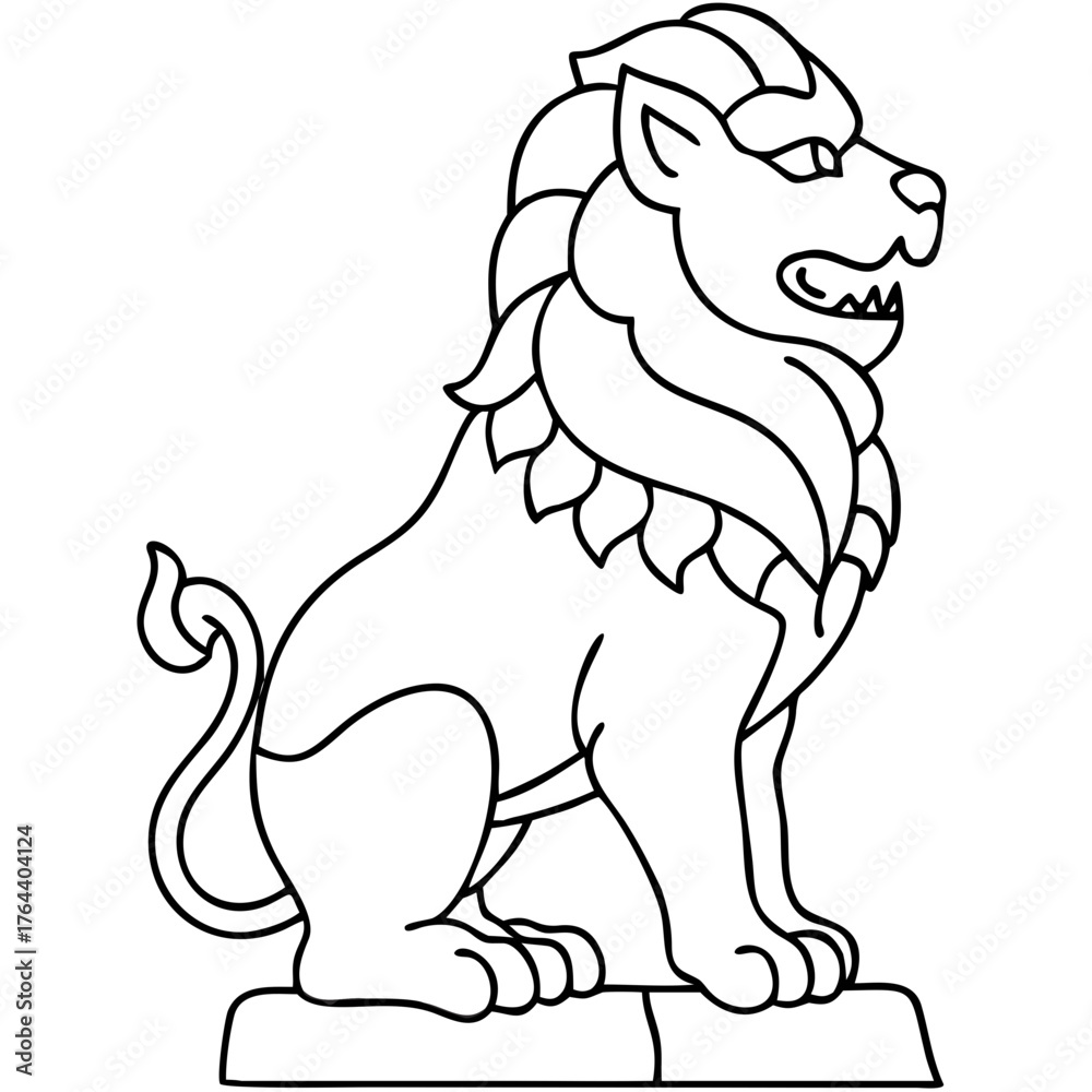 Fototapeta premium Stone Lion Guardian Statue in Line Art Style for Cultural Awareness, Design Projects, Educational Use, and Graphic Resources