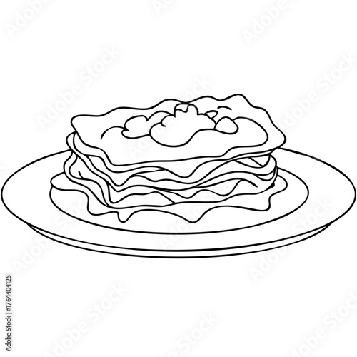 Line Art Illustration of a Lasagna on a Plate, Ideal for Recipe Blogs, Culinary Education Websites, Cooking Cards, and Food Lovers' Content