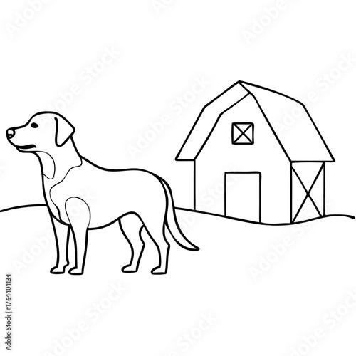 Line Art of a Farm Dog Standing Near a Barn for Agricultural Blogs, Pet Care Websites, Educational Materials, and Animal Welfare Campaigns
