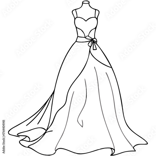 Elegant Wedding Dress with Train Sketch Design for Bridal Illustrations, Wedding Websites, Fashion Blogs, Invitations, and Styling Guides