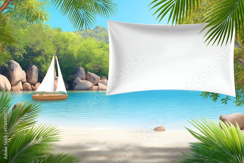 Tropical Beach Banner with Sailboat, Turquoise Water, Palm Trees. Mock up promotion information for marketing announcements and details, blank white space.