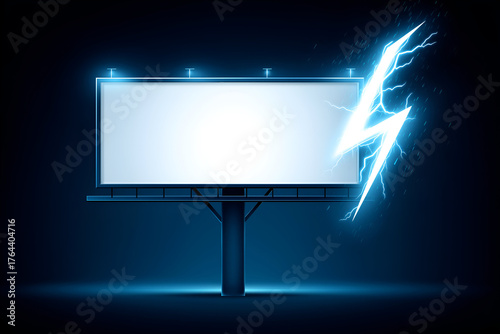 Illuminated Billboard with Dynamic Blue Lightning Graphic on Dark Background. Mock up promotion information for marketing announcements and details, blank white space.