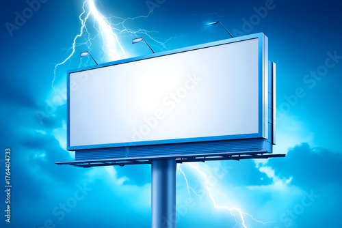 Blank White Billboard Against Dramatic Blue Lightning Sky. Mock up promotion information for marketing announcements and details, blank white space.