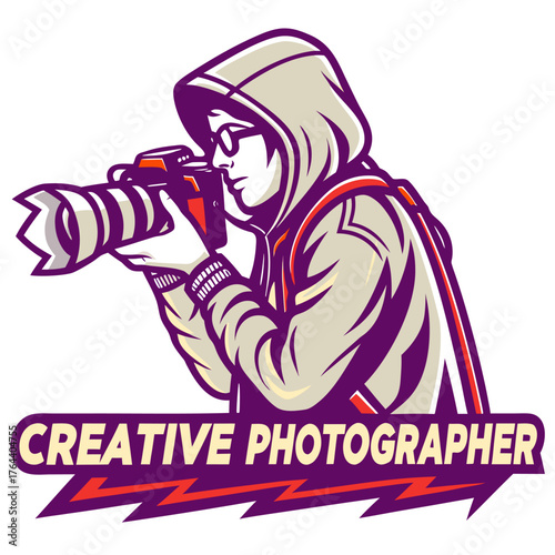 Creative Photographer: Cartoon Logo Featuring a Hooded Photographer.

