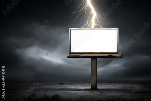 Blank Billboard with Lightning in Dark Stormy Outdoor Landscape. Mock up promotion information for marketing announcements and details, blank white space.