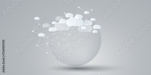 Grey and White Cloud Computing Design Concept with Simple Solid Globe and Clouds - Digital Polygonal Network Connections, Technology Background, Minimalist Vector Template