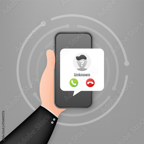 Hand holding smartphone showing unknown incoming call