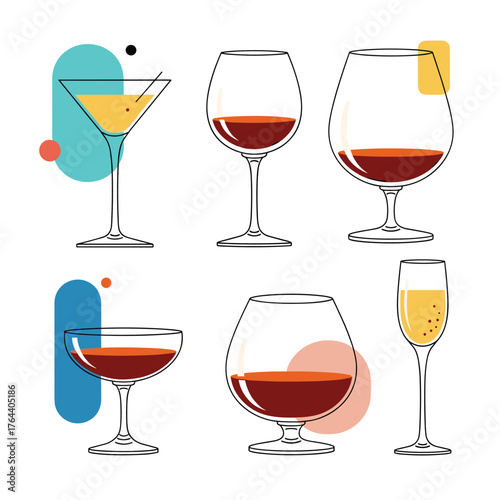 Elegant glassware collection showcasing various alcoholic beverages for enjoyment.