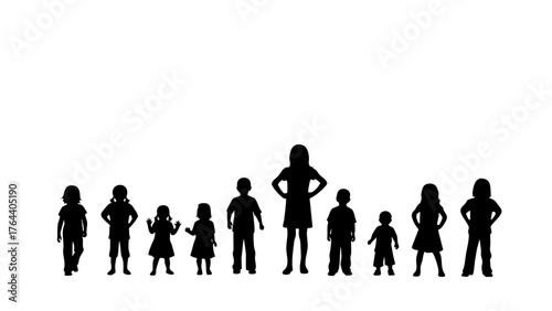 A compelling collection of diverse black silhouettes, portraying various ages from young children to adults, symbolizing human growth and community progression