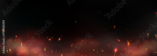 Glowing fire spark particles with orange embers flying upward on dark background for energy effects or heat visuals. Burning fragments and hot flakes at night. Welding or bonfire atmosphere overlay.