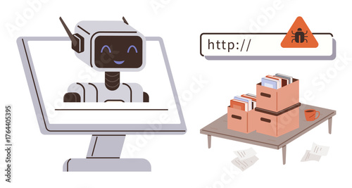 Robot displayed on screen alongside bug warning in web address bar and document boxes on desk. Ideal for technology, cybersecurity, AI, digital risks, data management, innovation, simple flat