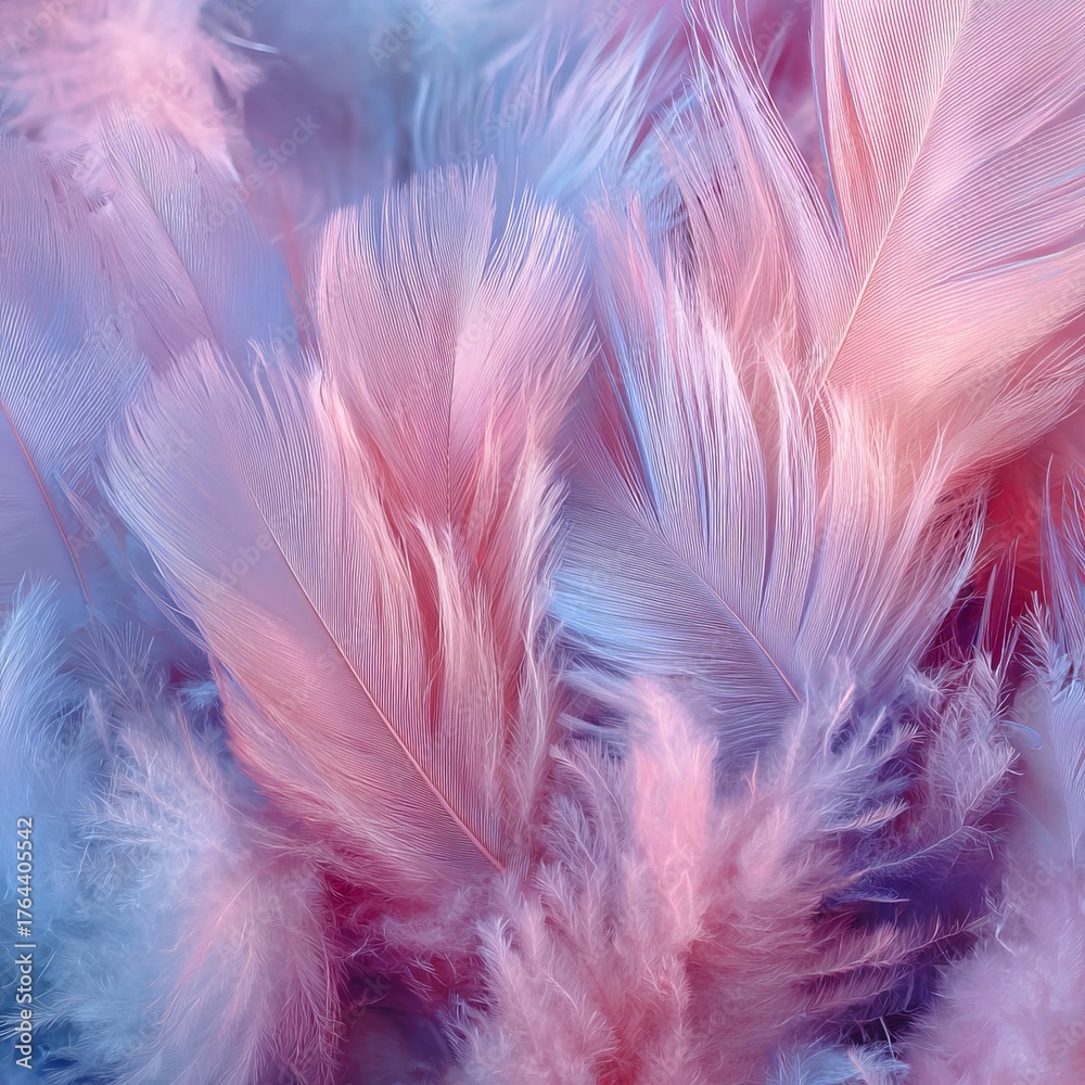 Fototapeta premium Soft pastel feathers in shades of pink and blue create a delicate and artistic background texture for creative projects