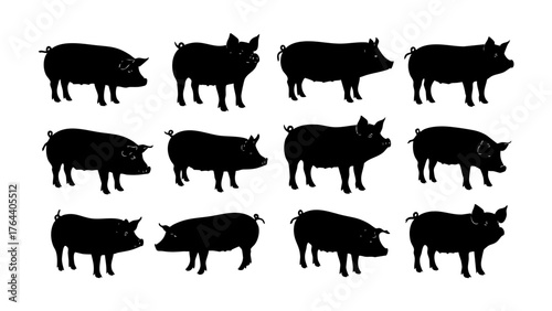 Twelve black pig silhouettes arranged in rows and columns on a white background, concept '432