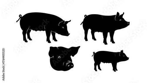 Set of stylized black silhouettes of pigs and a piglet, isolated on a white background
