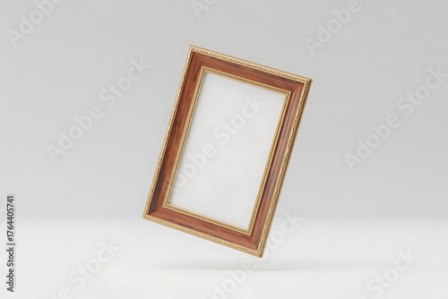 Wooden picture frame stands upright, centered against a clean, white background, awaiting artwork.