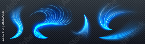 Luminous blue flare streak swirls with glowing curves and flowing trails for technology or energy effects. Electric light waves and spirals with soft glow. Dynamic motion graphics elements set.