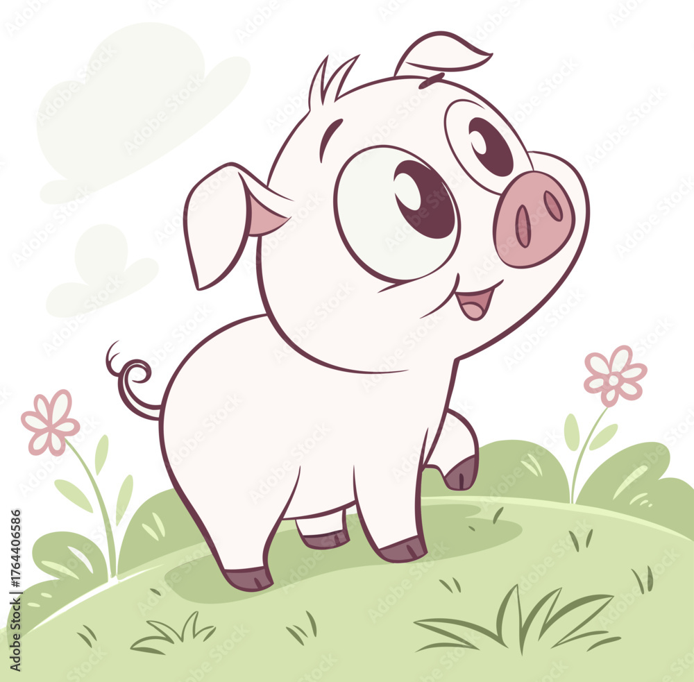 Fototapeta premium A joyful cartoon piglet with big eyes stands on a green grassy hill outdoors.Isolated transparent background ( include cut-out PNG file ).