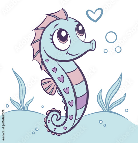 Lovely striped cartoon seahorse with hearts underwater among sea grass and bubbles.Isolated transparent background ( include cut-out PNG file )