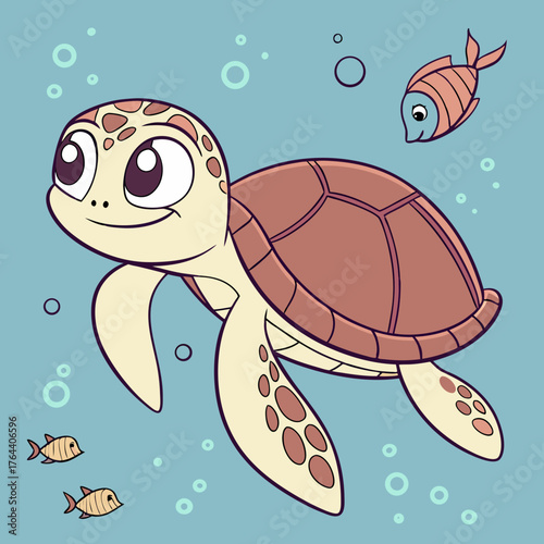 Cartoon sweet sea turtle swimming with happy fish companions in light blue water.