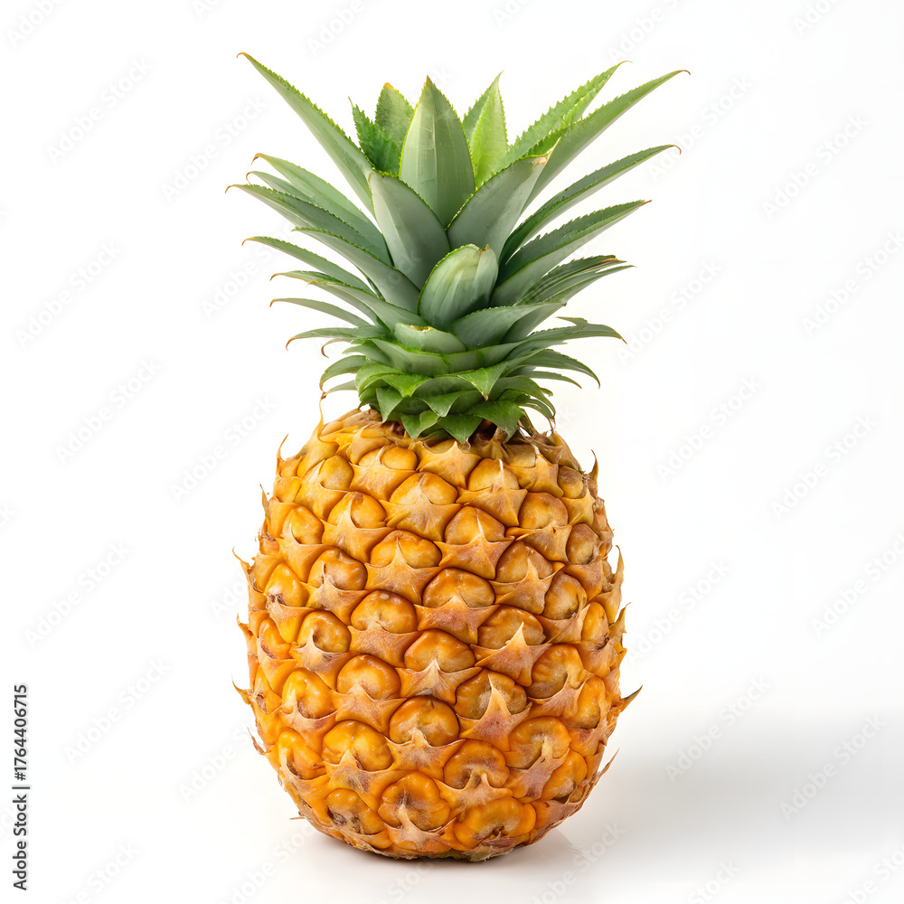 Fototapeta premium Fresh Ripe Pineapple with Spiky Yellow Skin and Green Leaves on White Background