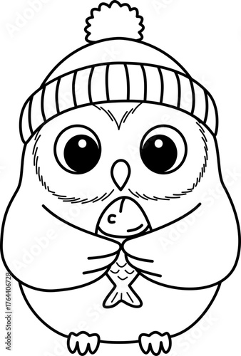 Cute Cartoon Owl in Hat Holding a Fish Line Art