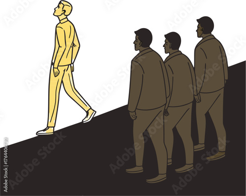 A digitally rendered image shows a yellow-clad person walking away from three shadowy figures. Given the context of the site, this represents the single icon from an icon sheet.

