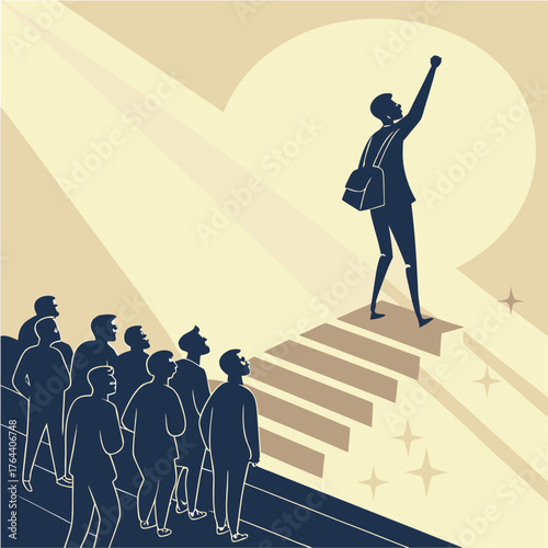 A motivational vector graphic, a person climbs stairs to a spotlight, fist raised triumphantly. A crowd watches from below, symbolizing success and achievement.

