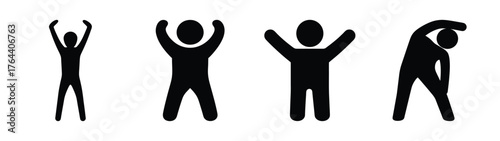 Four silhouette figures performing various stretching exercises in sequence dynamic fitness movements for health and wellness