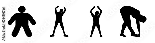 Fitness silhouette icons depicting warm-up exercises and stretching poses for a healthy lifestyle