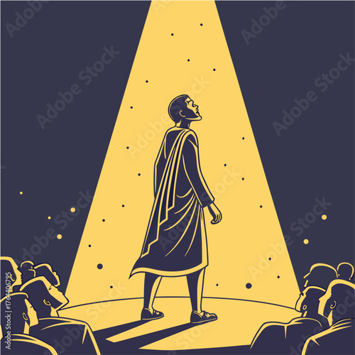 An illustration shows a figure in a spotlight, facing away from the viewer and toward a light source. People are silhouetted in the foreground, suggesting an audience.

