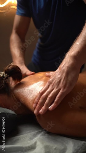 Professional male therapist giving a relaxing back massage to a woman in a cozy spa environment with warm lighting, promoting stress relief, muscle relaxation, and wellness.