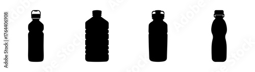 Collection of four silhouetted water bottles of varying shapes and sizes graphic element