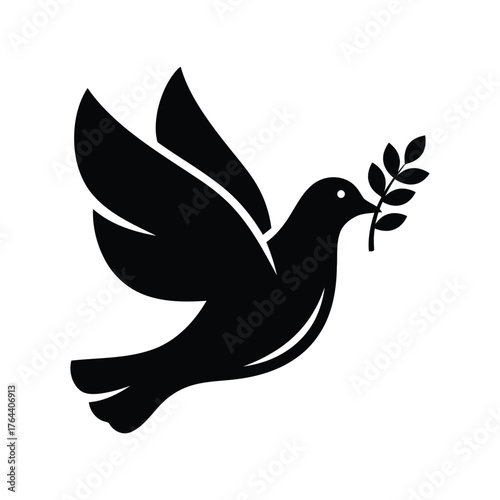 Silhouette of a dove bird carrying a green olive branch in its beak symbolizing peace and hope vector