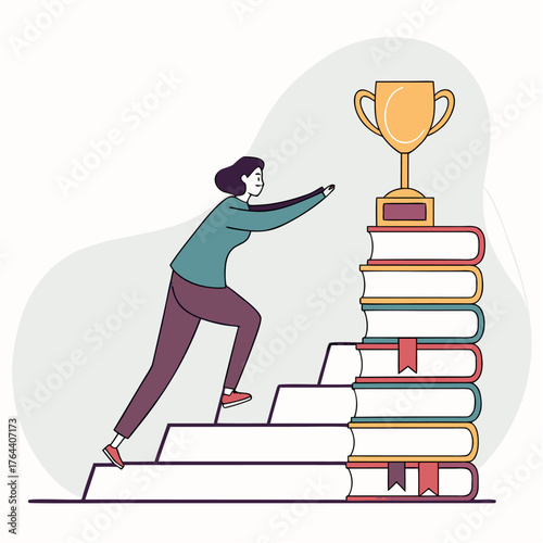 A person climbs stairs made of books towards a trophy. The illustration is likely symbolic of achieving goals through education.

