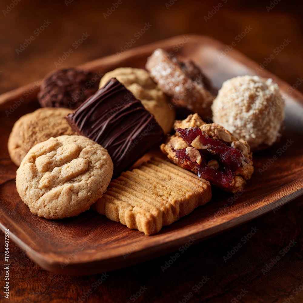 Fototapeta premium Variety of homemade cookies arranged on a wooden plate in a cozy kitchen setting