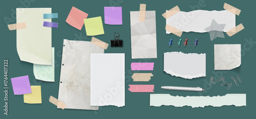 Notebook papers, stickers and adhesive tapes for collage and scrapbook design. White clean and dirty white and grid notepad pages, colorful memo sheets with pen and binder, paperclips and pins