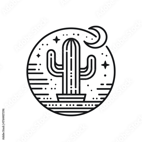 stylized line art illustration of a saguaro cactus under a crescent moon and starry night sky.