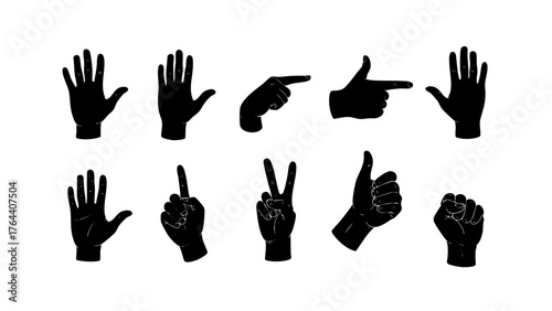 A collection of black silhouette hand gestures including pointing, thumbs up, peace sign, and open palm. Vector illustration icon set