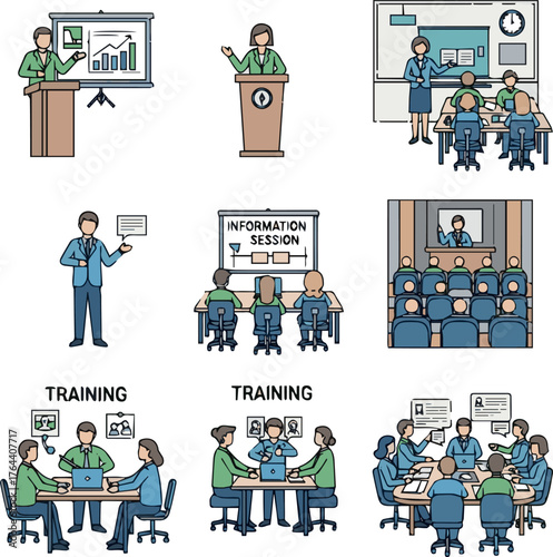 kinds of deferent Presentations, classes, information sessions, seminars, training, meetings vector art with white background.